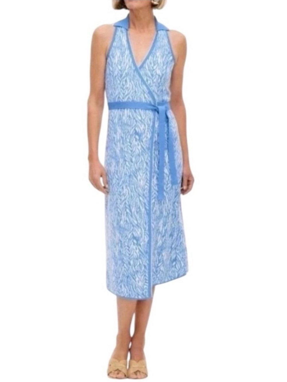 Diane von Furstenberg Blue and White Sleeveless Maxi Dress with Tie Waist